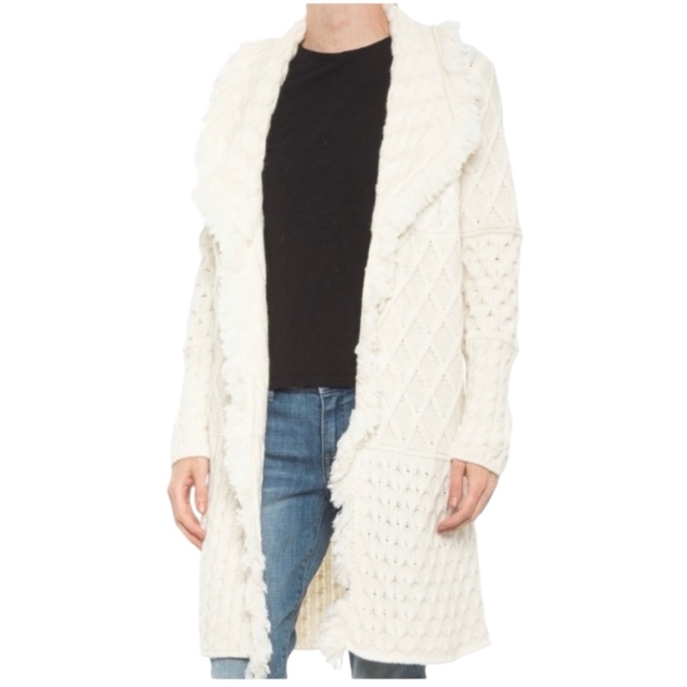 Cocogio Italy Ivory Ecru Cable Knit Fringe Collared Wool Blend Long Cardigan - S